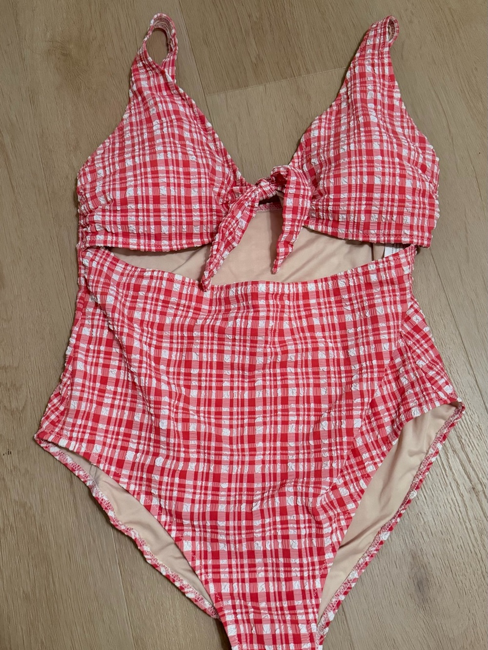 Red and White Plaid One-Piece Swimsuit with Front Tie